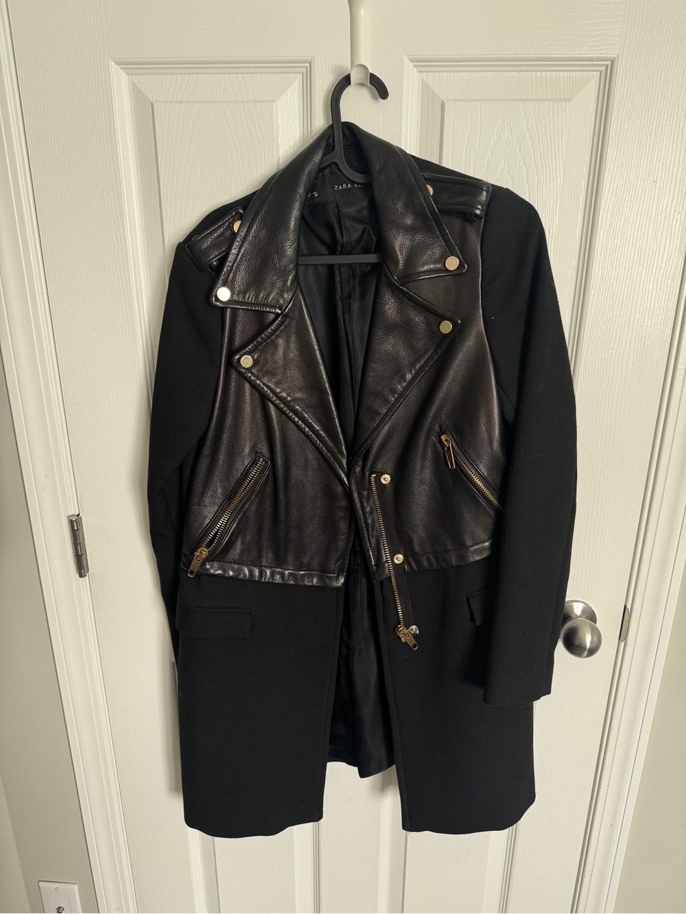 Zara Black Mixed-Material Leather-Front Coat